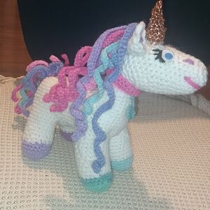 Pink and White Stuffed Unicorn with Spiral Horn